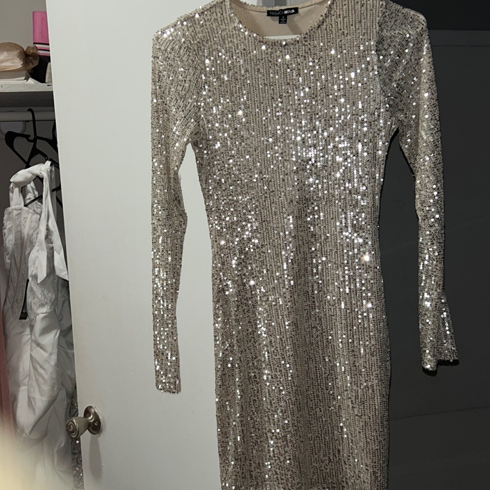FASHION NOVA Nude Sequins Bodycon Mini Dress